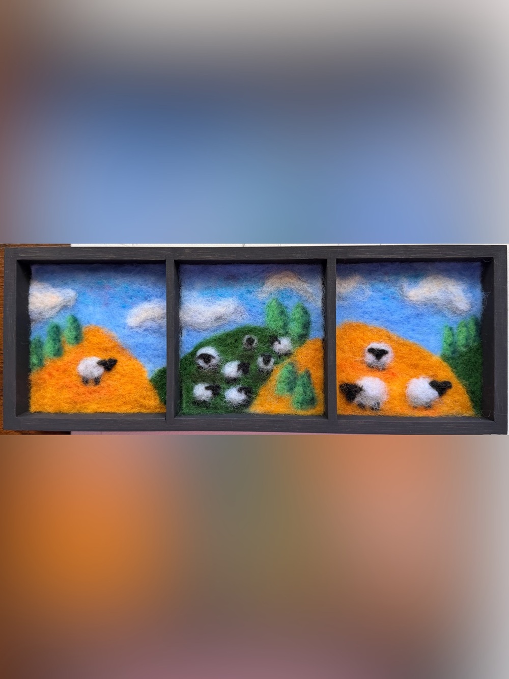 Handmade Felt Sheep Triptych Wall Art - Blue, Green, Orange